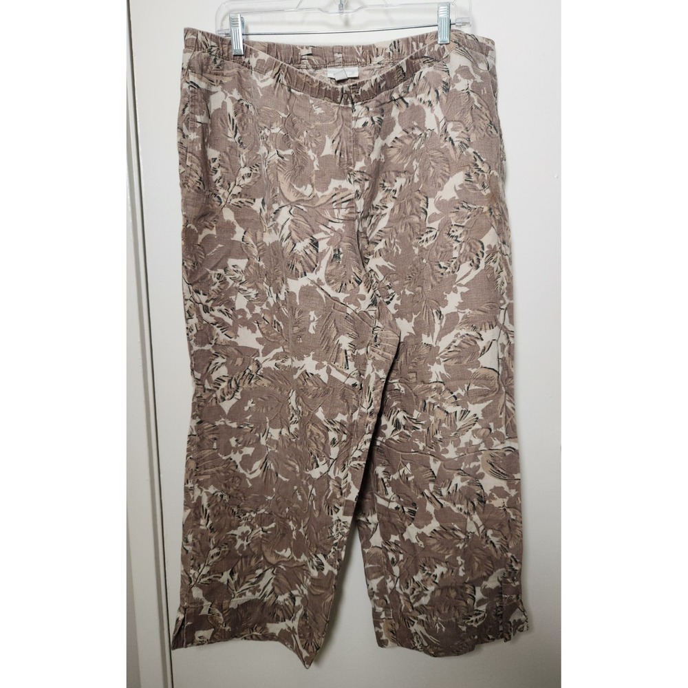 J.Jill Love Linen 100% Linen Brown Leaf Printed Crop‎ Pull On Pants Size Large